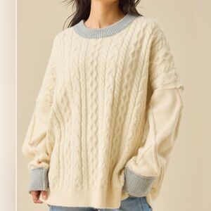 Altar’d State Cream Cable Knit Oversized Sweater with Gray Accents